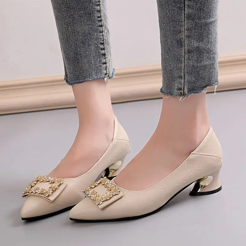 2026 Spring and Autumn New Pointed Toe Rhinestone Work Shoes Versatile Mid-Heel Chunky Heel Single Shoes Women's Shallow Commuting High Heels — feature 2
