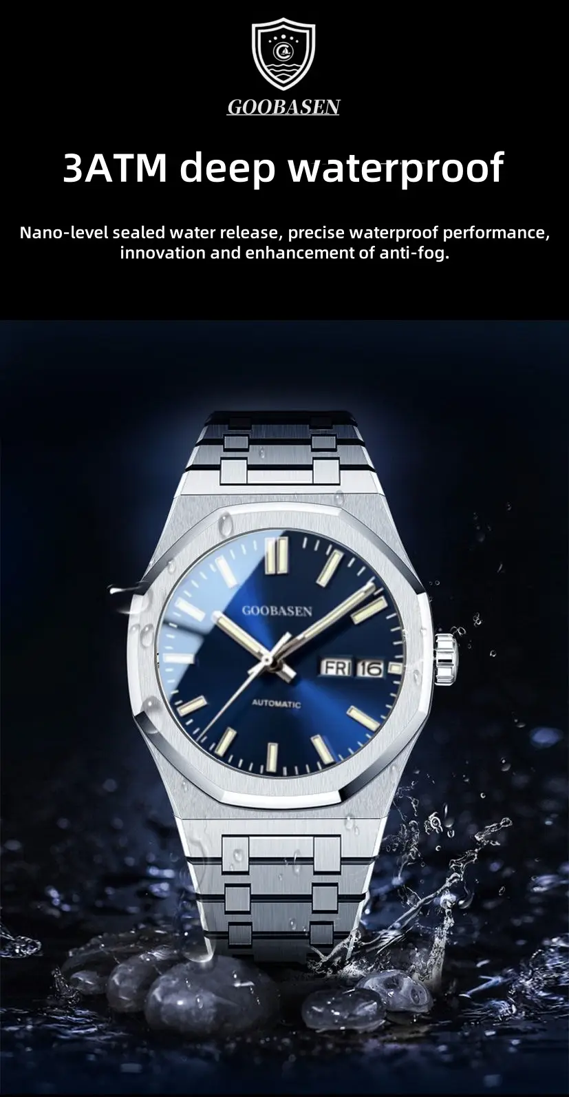 Guberson Men's Stainless Steel Analog Watch with Live Calendar — feature 26