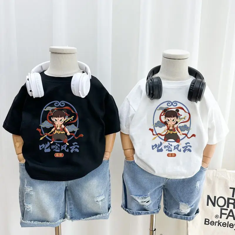 Boys Girls Cartoon T-Shirt Black 2025 Cotton