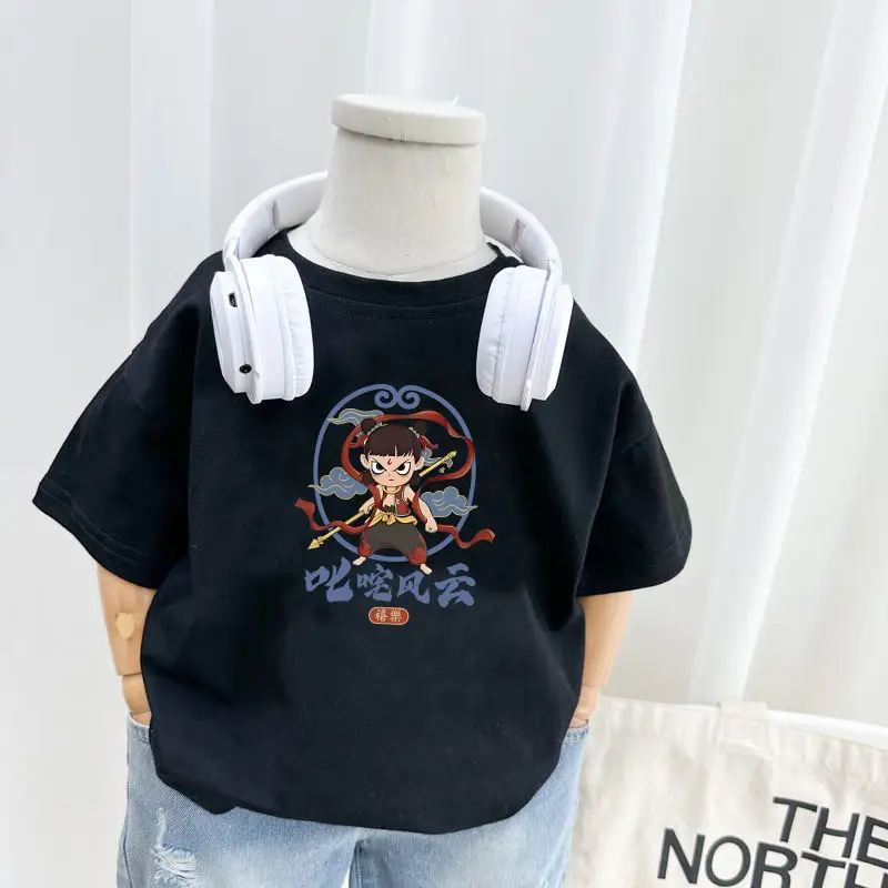 Boys Girls Cartoon T-Shirt Black 2025 Cotton