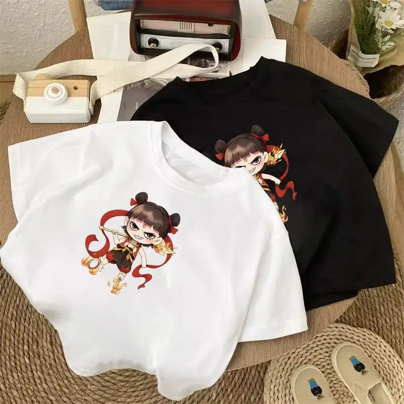100 Cotton Cartoon T-shirt White Black Kids Design - Image 6