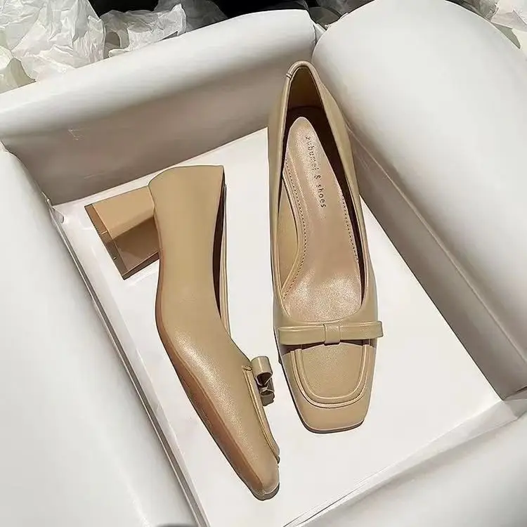 French apricot Thick Heel Square Toe Shallow High Heels 2025 Spring New Elegant Soft Leather Middle Heel Professional Single Shoes for Women - Image 5