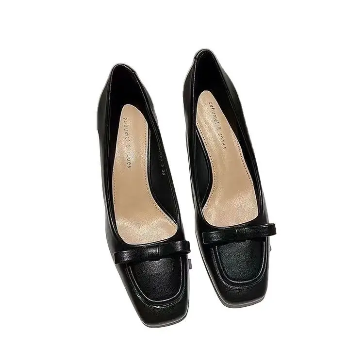 French apricot Thick Heel Square Toe Shallow High Heels 2025 Spring New Elegant Soft Leather Middle Heel Professional Single Shoes for Women - Image 7