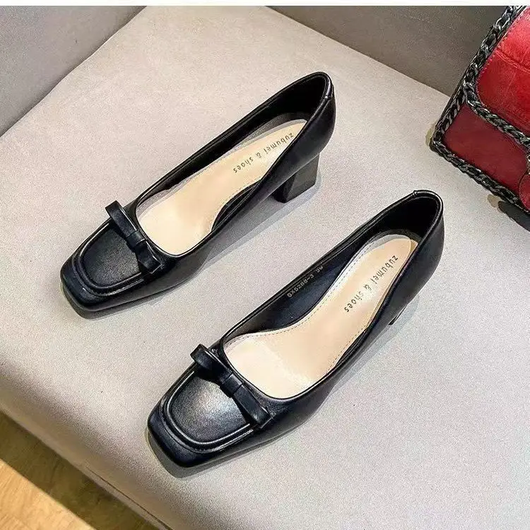French apricot Thick Heel Square Toe Shallow High Heels 2025 Spring New Elegant Soft Leather Middle Heel Professional Single Shoes for Women — feature 1