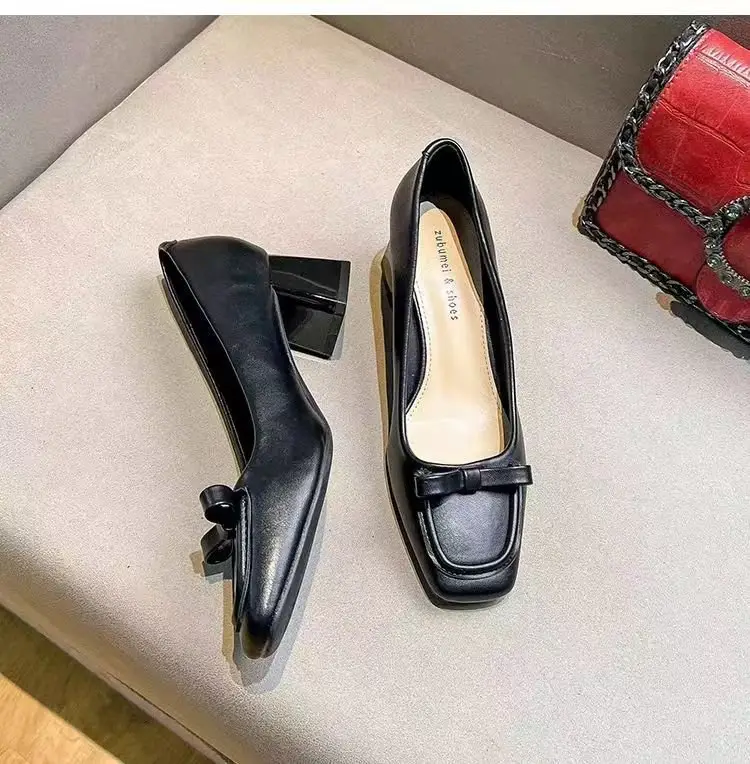 French apricot Thick Heel Square Toe Shallow High Heels 2025 Spring New Elegant Soft Leather Middle Heel Professional Single Shoes for Women — feature 10
