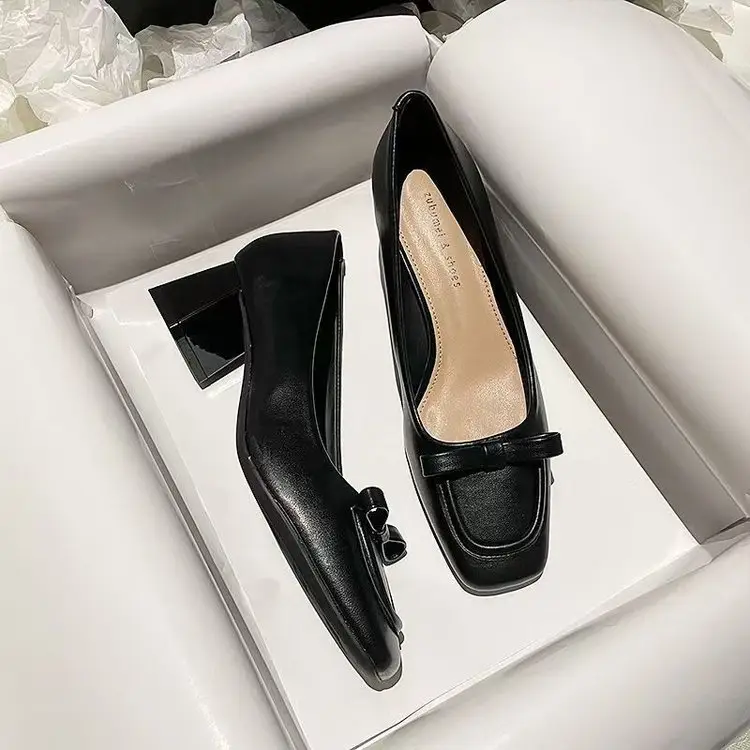 French apricot Thick Heel Square Toe Shallow High Heels 2025 Spring New Elegant Soft Leather Middle Heel Professional Single Shoes for Women — feature 11