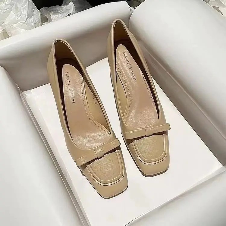 French apricot Thick Heel Square Toe Shallow High Heels 2025 Spring New Elegant Soft Leather Middle Heel Professional Single Shoes for Women — feature 12