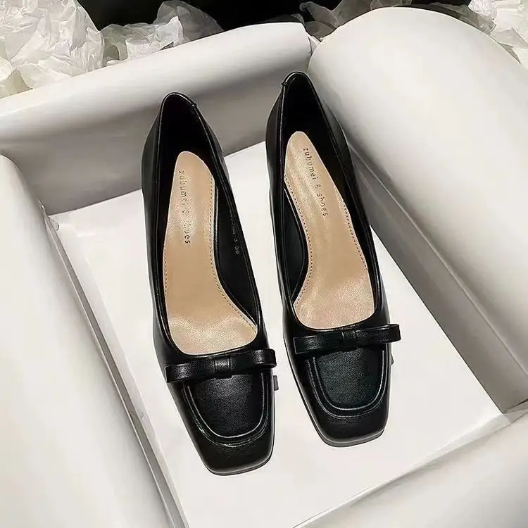 French apricot Thick Heel Square Toe Shallow High Heels 2025 Spring New Elegant Soft Leather Middle Heel Professional Single Shoes for Women — feature 14