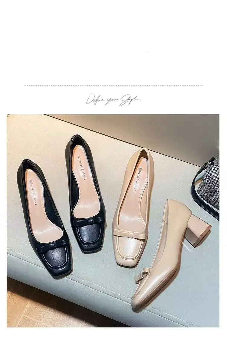 French apricot Thick Heel Square Toe Shallow High Heels 2025 Spring New Elegant Soft Leather Middle Heel Professional Single Shoes for Women — feature 3