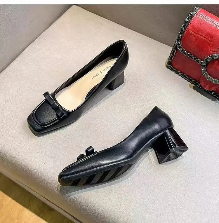 French apricot Thick Heel Square Toe Shallow High Heels 2025 Spring New Elegant Soft Leather Middle Heel Professional Single Shoes for Women — feature 5