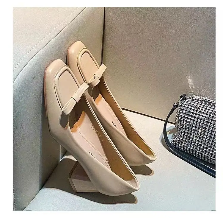 French apricot Thick Heel Square Toe Shallow High Heels 2025 Spring New Elegant Soft Leather Middle Heel Professional Single Shoes for Women — feature 6