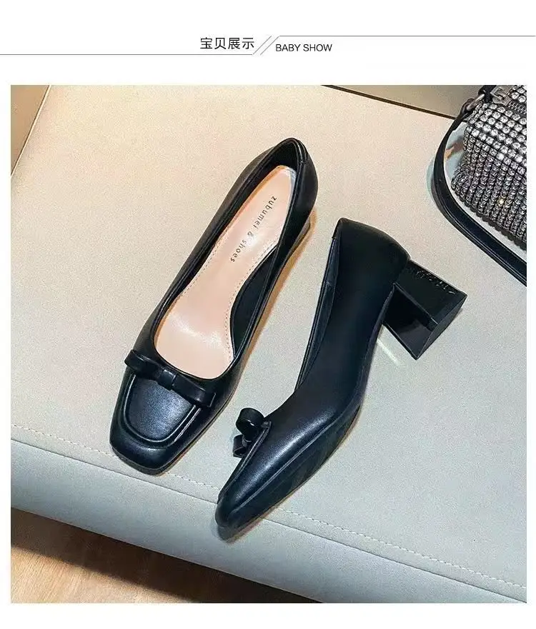 French apricot Thick Heel Square Toe Shallow High Heels 2025 Spring New Elegant Soft Leather Middle Heel Professional Single Shoes for Women — feature 7