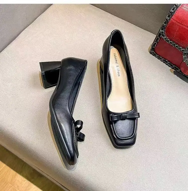 French apricot Thick Heel Square Toe Shallow High Heels 2025 Spring New Elegant Soft Leather Middle Heel Professional Single Shoes for Women — feature 8