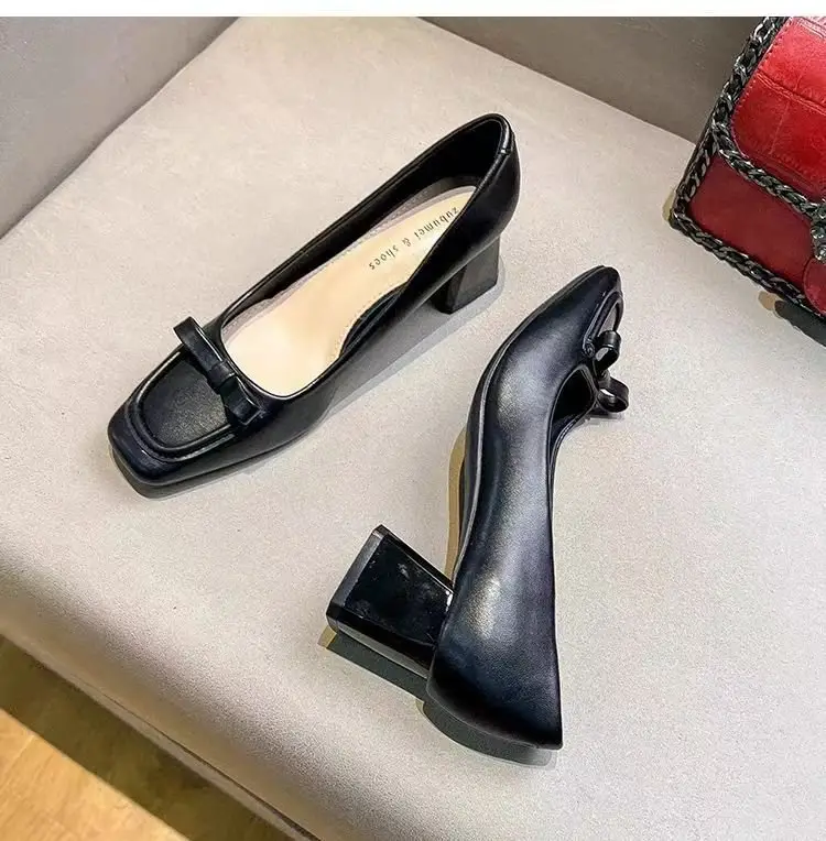 French apricot Thick Heel Square Toe Shallow High Heels 2025 Spring New Elegant Soft Leather Middle Heel Professional Single Shoes for Women — feature 9