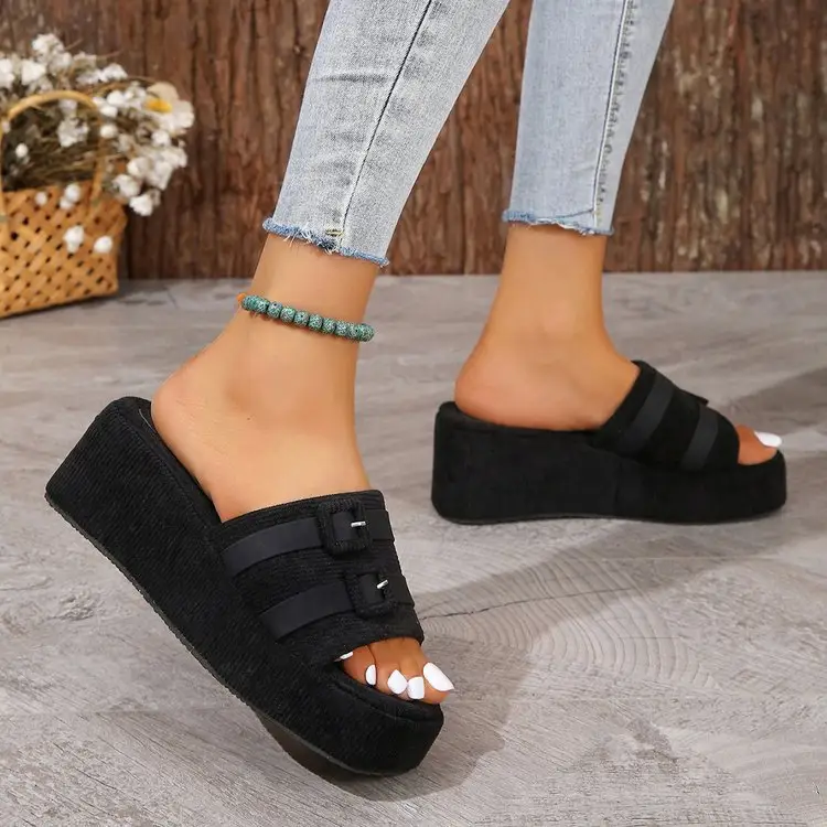 Ins Independent Station New Summer Square Buckle Thick Slippers Casual Outer Wear Beach Slippers Woolen Height-Increasing Women's Sandals - Image 4