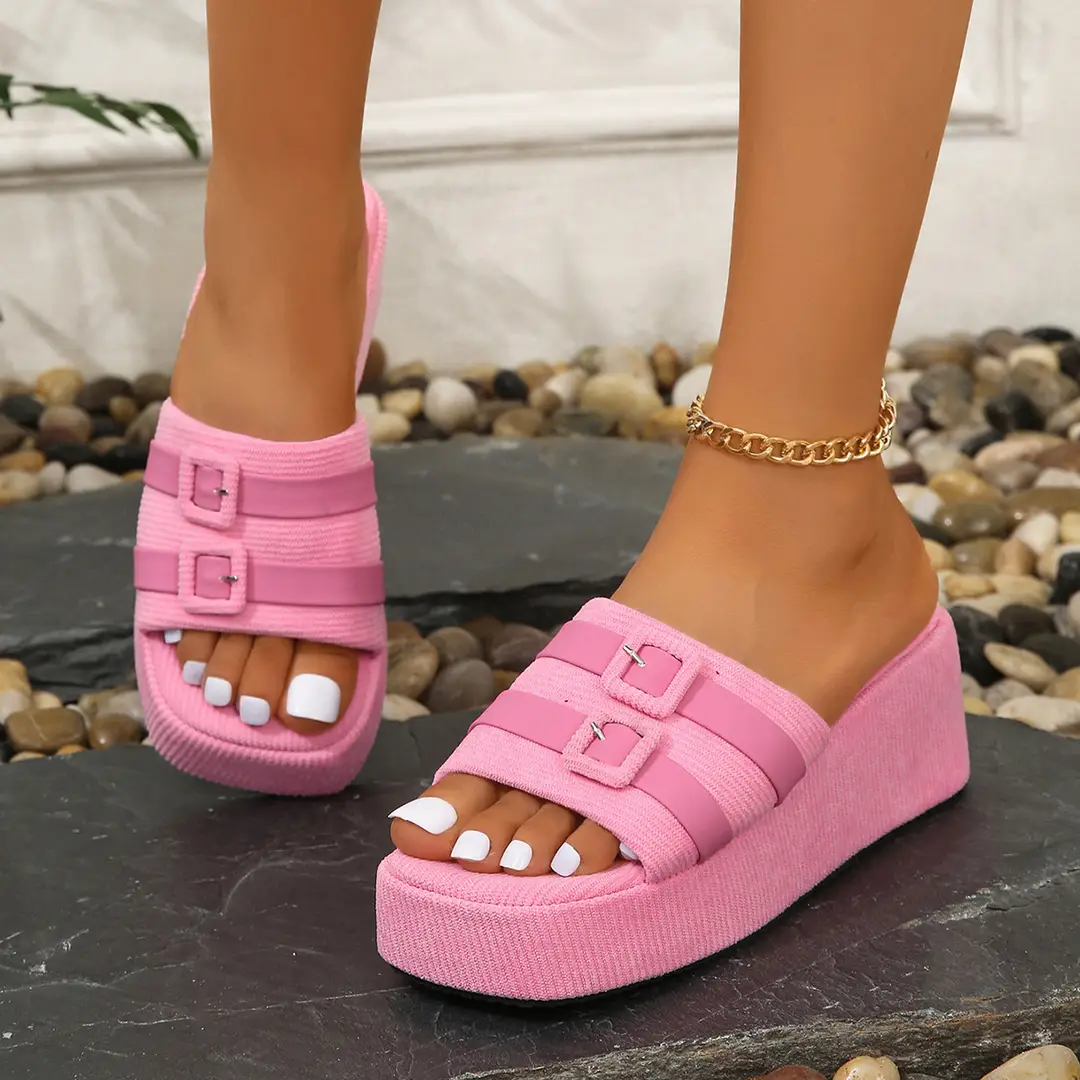 Ins Independent Station New Summer Square Buckle Thick Slippers Casual Outer Wear Beach Slippers Woolen Height-Increasing Women's Sandals - Image 5