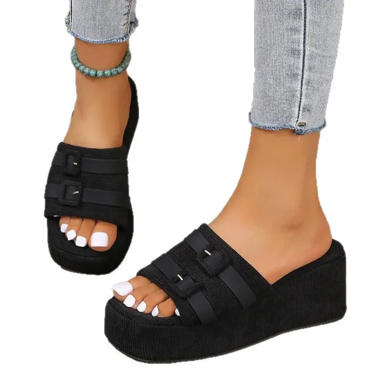 Ins Independent Station New Summer Square Buckle Thick Slippers Casual Outer Wear Beach Slippers Woolen Height-Increasing Women's Sandals - Image 6