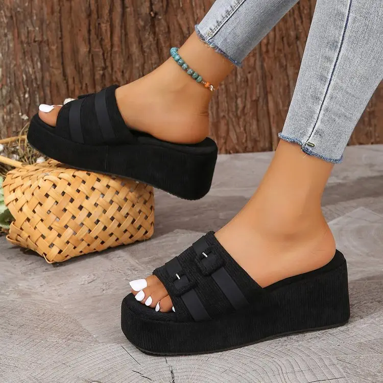 Ins Independent Station New Summer Square Buckle Thick Slippers Casual Outer Wear Beach Slippers Woolen Height-Increasing Women's Sandals — feature 9