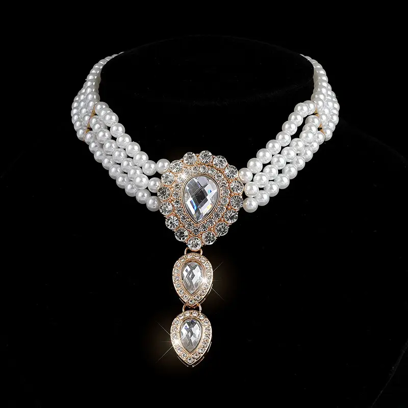 Multi-layer Pearl Necklace with Green Gemstones - Image 6