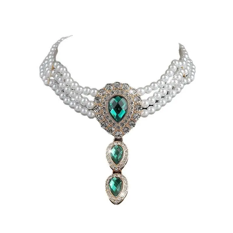 Multi-layer Pearl Necklace with Green Gemstones - Image 9