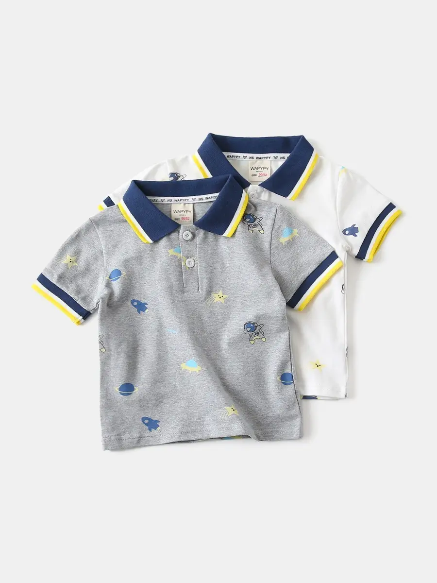 Children's Grey Printed Polo T-Shirt Short Sleeve Summer Boys - Image 4