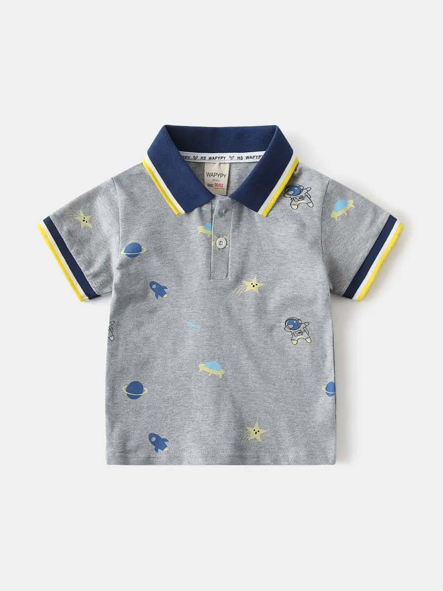Children's Grey Printed Polo T-Shirt Short Sleeve Summer Boys - Image 5