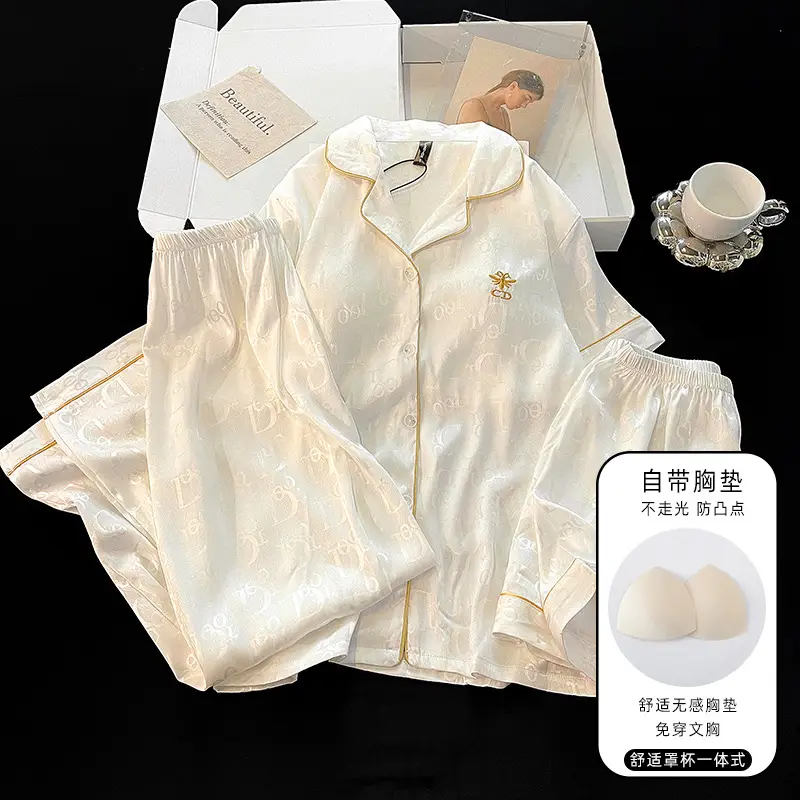 Summer Short-sleeved Ice Silk Pajamas with Chest Pad Women's Thin High-end Fashion Three-piece Ice Silk Home Clothes suit — feature 10