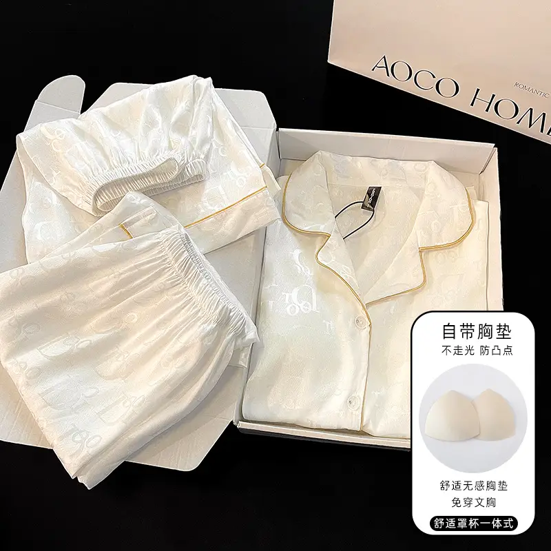 Summer Short-sleeved Ice Silk Pajamas with Chest Pad Women's Thin High-end Fashion Three-piece Ice Silk Home Clothes suit — feature 11
