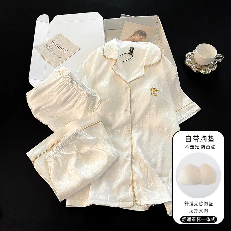 Summer Short-sleeved Ice Silk Pajamas with Chest Pad Women's Thin High-end Fashion Three-piece Ice Silk Home Clothes suit — feature 12