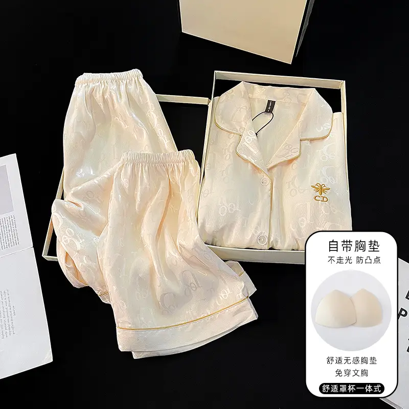 Summer Short-sleeved Ice Silk Pajamas with Chest Pad Women's Thin High-end Fashion Three-piece Ice Silk Home Clothes suit — feature 6