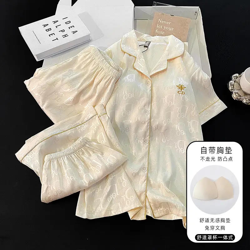Summer Short-sleeved Ice Silk Pajamas with Chest Pad Women's Thin High-end Fashion Three-piece Ice Silk Home Clothes suit — feature 7