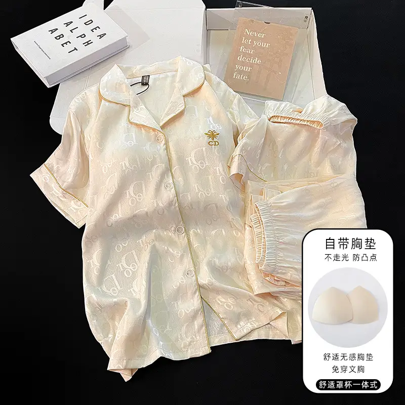 Summer Short-sleeved Ice Silk Pajamas with Chest Pad Women's Thin High-end Fashion Three-piece Ice Silk Home Clothes suit — feature 8