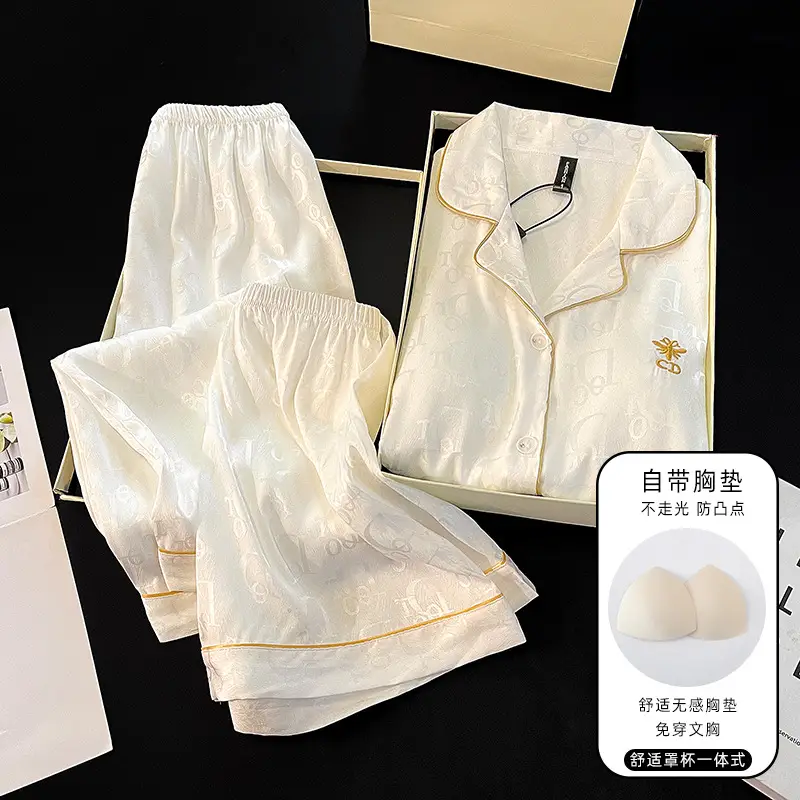 Summer Short-sleeved Ice Silk Pajamas with Chest Pad Women's Thin High-end Fashion Three-piece Ice Silk Home Clothes suit — feature 9