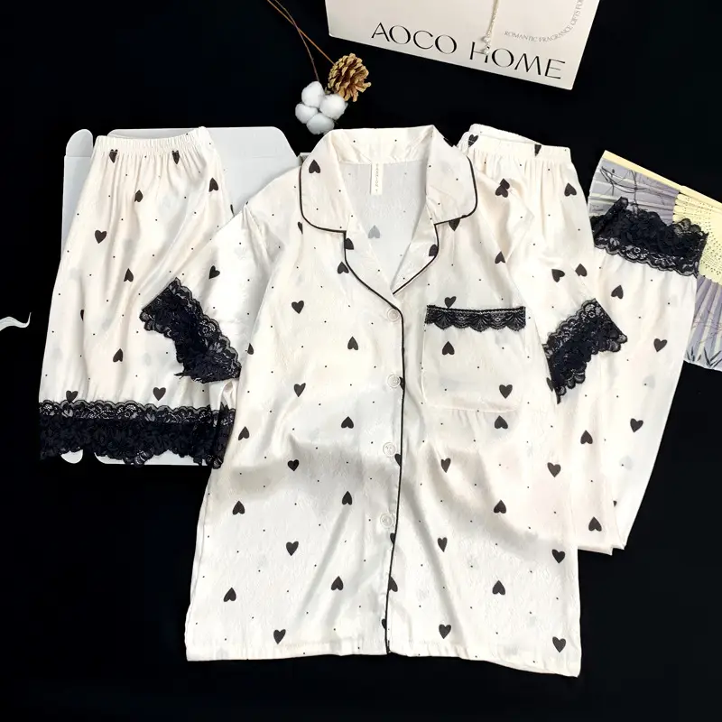 Summer Short-sleeved Ice Silk Pajamas with Chest Pad Women's Thin High-end Fashion Three-piece Ice Silk Home Clothes suit