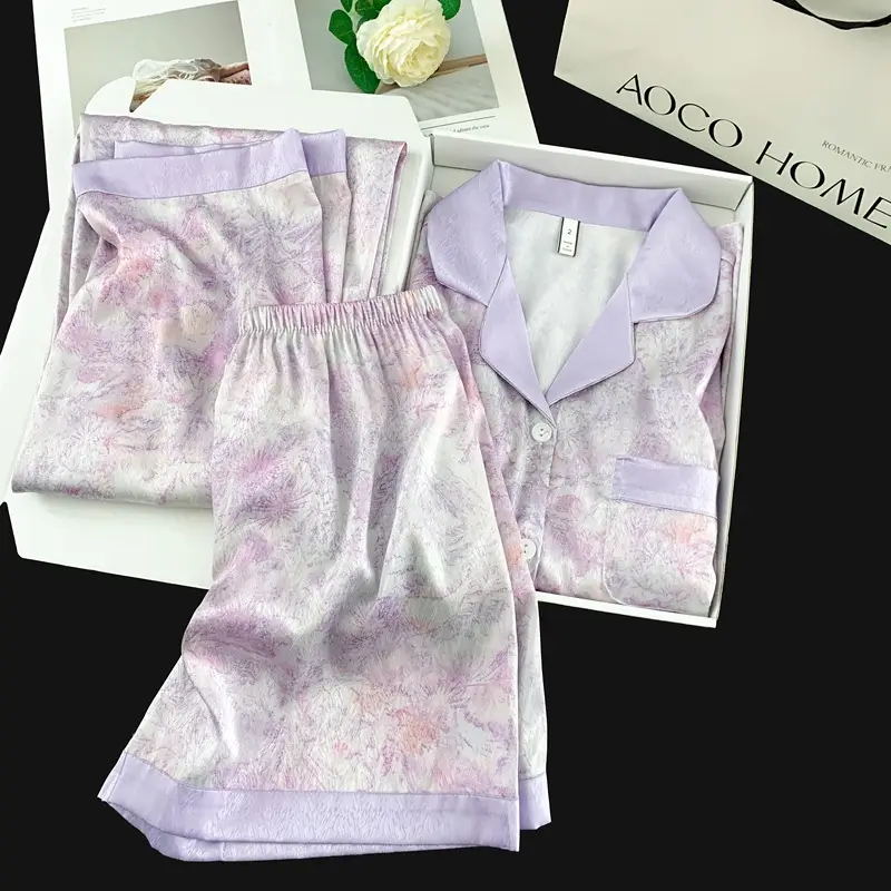 Summer Short-sleeved Ice Silk Pajamas with Chest Pad Women's Thin High-end Fashion Three-piece Ice Silk Home Clothes suit