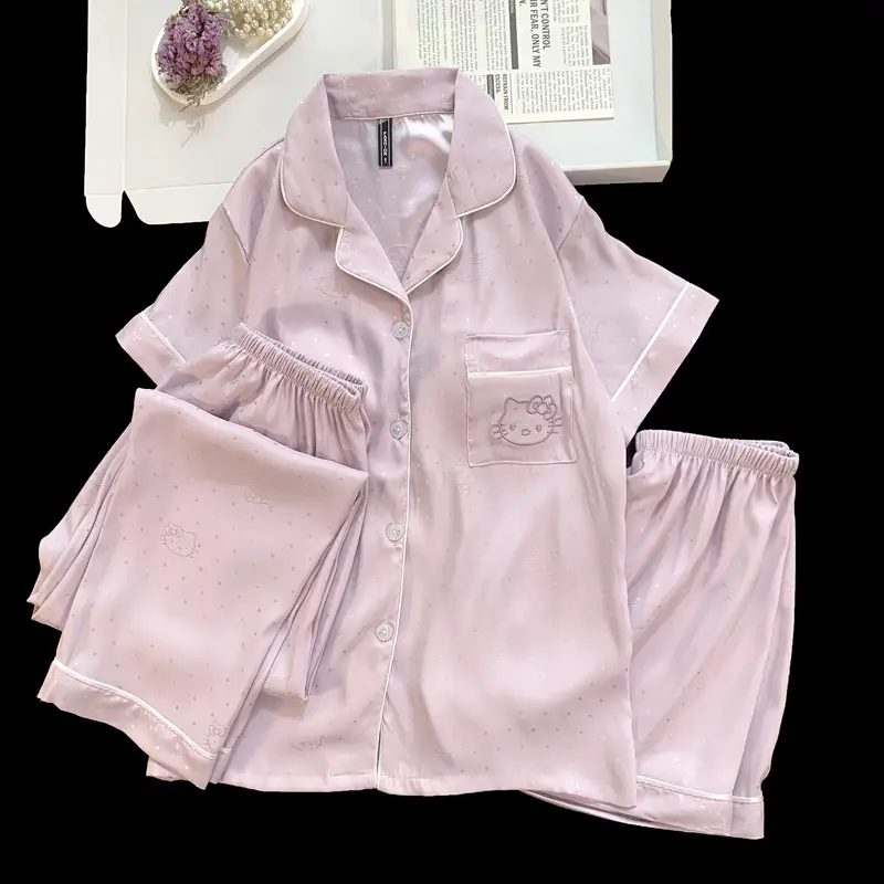 Summer Short-sleeved Ice Silk Pajamas with Chest Pad Women's Thin High-end Fashion Three-piece Ice Silk Home Clothes suit