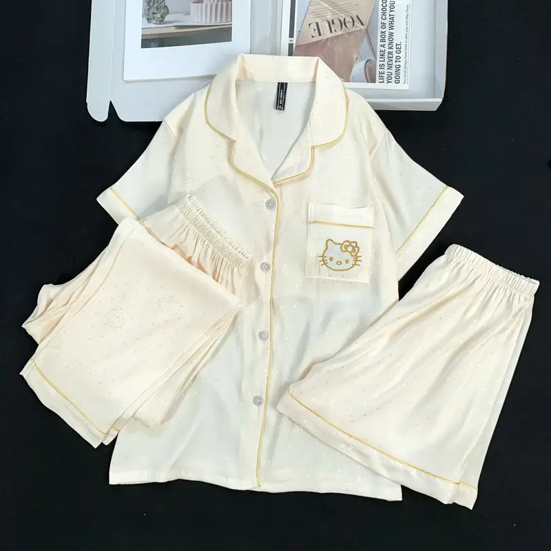 Summer Short-sleeved Ice Silk Pajamas with Chest Pad Women's Thin High-end Fashion Three-piece Ice Silk Home Clothes suit