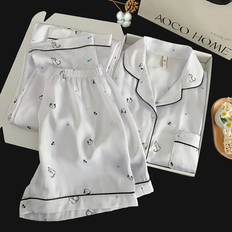 Summer Short-sleeved Ice Silk Pajamas with Chest Pad Women's Thin High-end Fashion Three-piece Ice Silk Home Clothes suit
