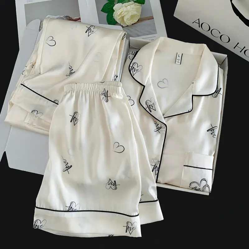 Summer Short-sleeved Ice Silk Pajamas with Chest Pad Women's Thin High-end Fashion Three-piece Ice Silk Home Clothes suit