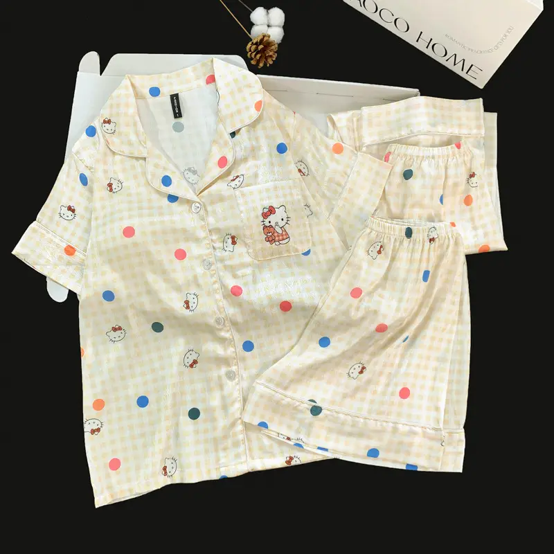 Summer Short-sleeved Ice Silk Pajamas with Chest Pad Women's Thin High-end Fashion Three-piece Ice Silk Home Clothes suit
