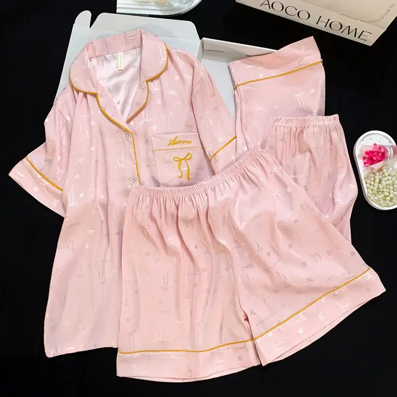 Summer Short-sleeved Ice Silk Pajamas with Chest Pad Women's Thin High-end Fashion Three-piece Ice Silk Home Clothes suit