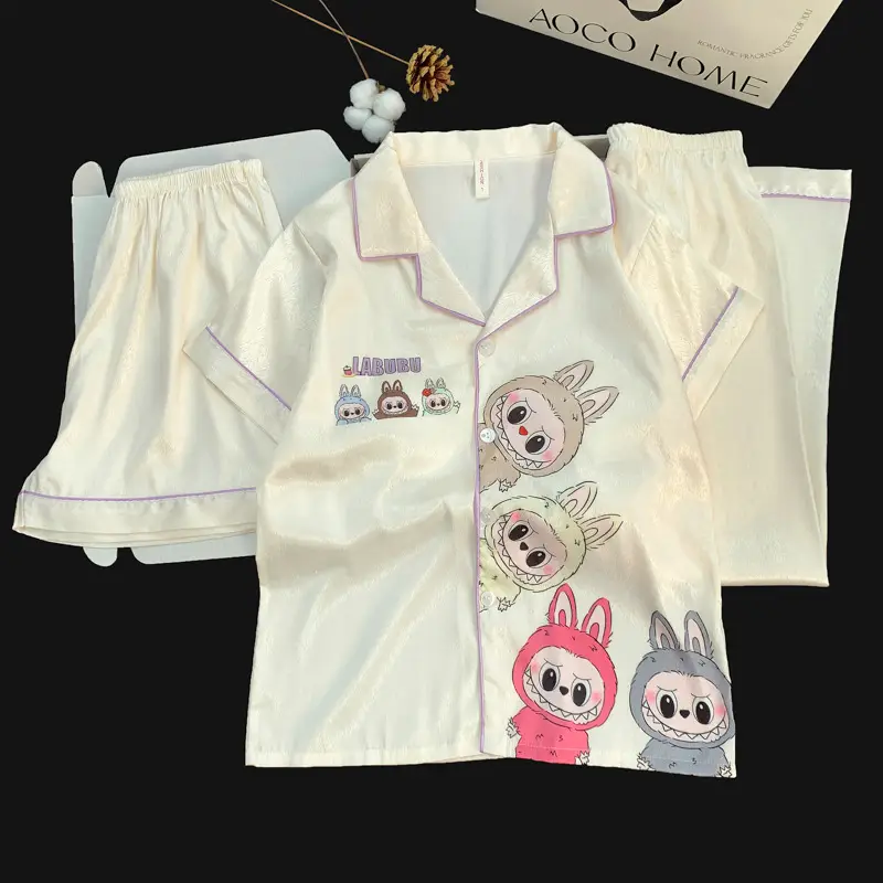 Summer Short-sleeved Ice Silk Pajamas with Chest Pad Women's Thin High-end Fashion Three-piece Ice Silk Home Clothes suit