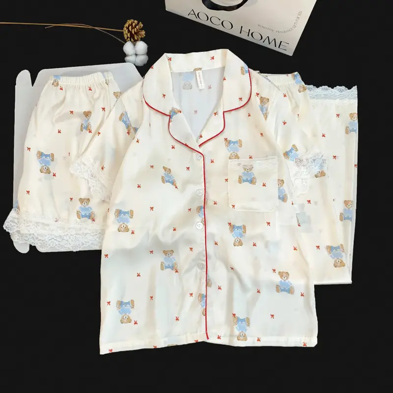 Summer Short-sleeved Ice Silk Pajamas with Chest Pad Women's Thin High-end Fashion Three-piece Ice Silk Home Clothes suit