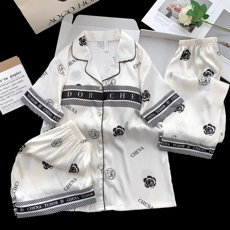 Summer Short-sleeved Ice Silk Pajamas with Chest Pad Women's Thin High-end Fashion Three-piece Ice Silk Home Clothes suit