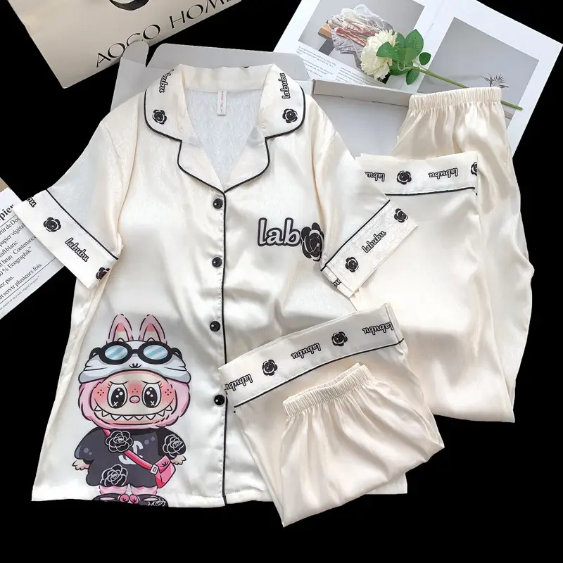 Summer Short-sleeved Ice Silk Pajamas with Chest Pad Women's Thin High-end Fashion Three-piece Ice Silk Home Clothes suit