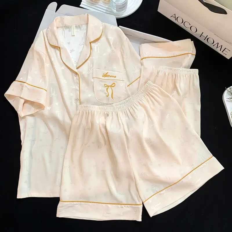 Summer Short-sleeved Ice Silk Pajamas with Chest Pad Women's Thin High-end Fashion Three-piece Ice Silk Home Clothes suit