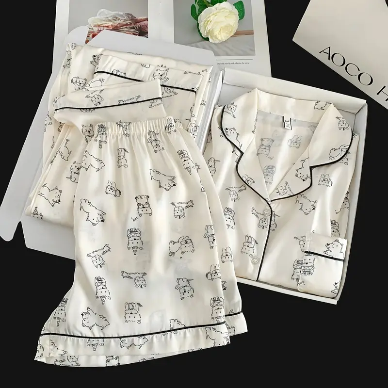 Summer Short-sleeved Ice Silk Pajamas with Chest Pad Women's Thin High-end Fashion Three-piece Ice Silk Home Clothes suit