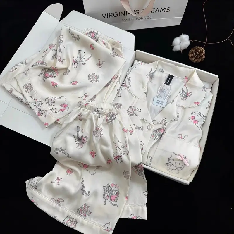 Summer Short-sleeved Ice Silk Pajamas with Chest Pad Women's Thin High-end Fashion Three-piece Ice Silk Home Clothes suit