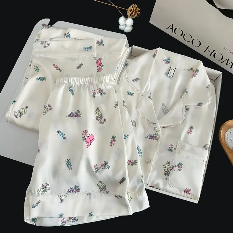 Summer Short-sleeved Ice Silk Pajamas with Chest Pad Women's Thin High-end Fashion Three-piece Ice Silk Home Clothes suit