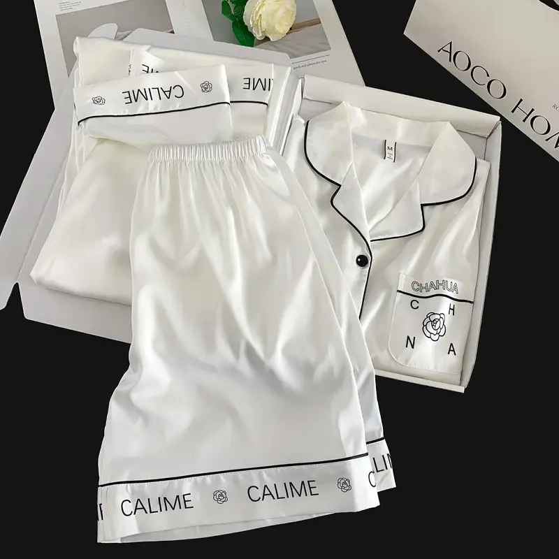 Summer Short-sleeved Ice Silk Pajamas with Chest Pad Women's Thin High-end Fashion Three-piece Ice Silk Home Clothes suit